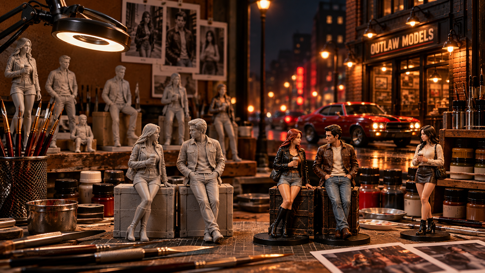 Cinematic Outlaw Models scene at the waterfront and diecast display
