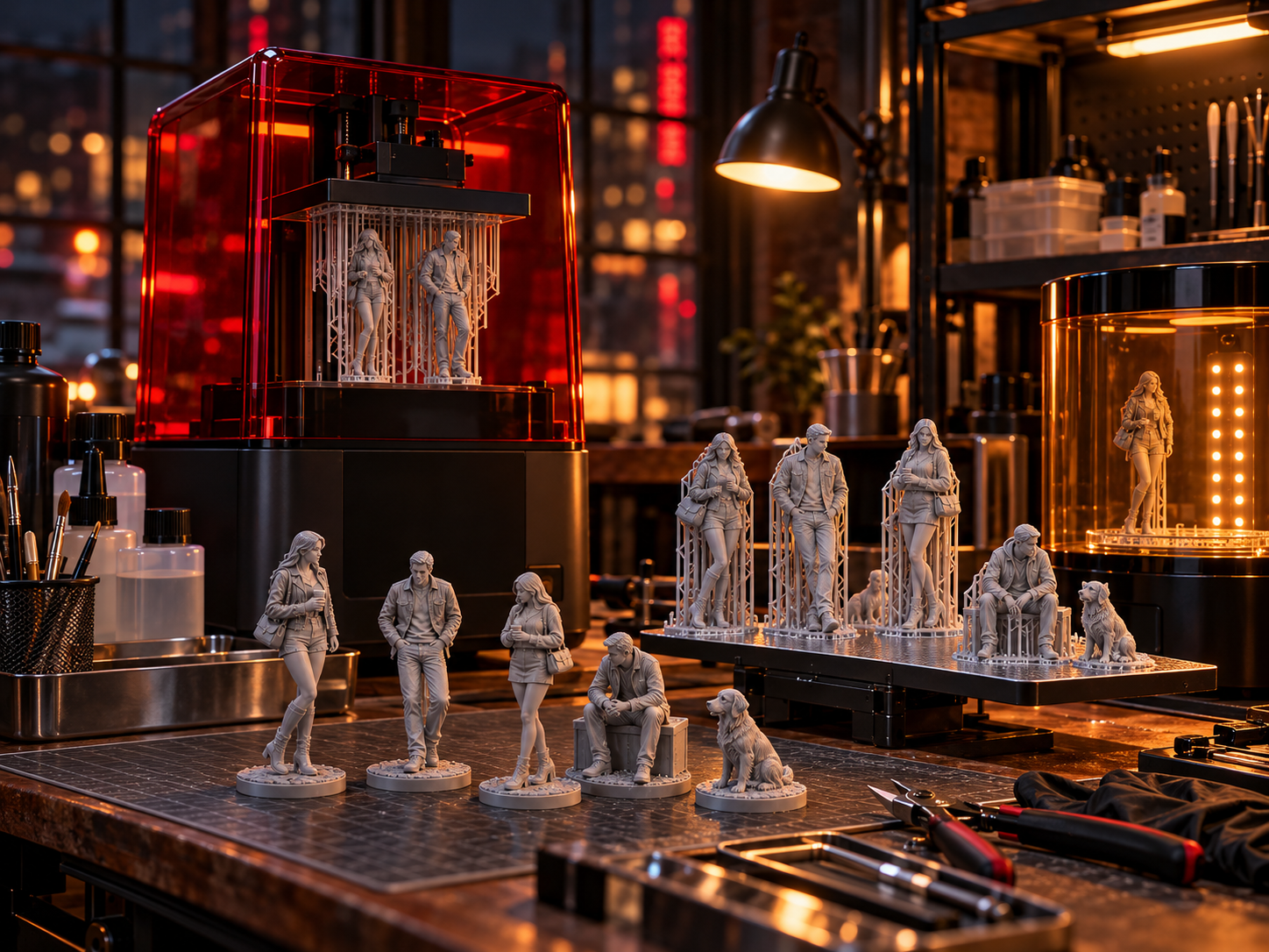Resin printer and supported miniature figures on a model making workbench