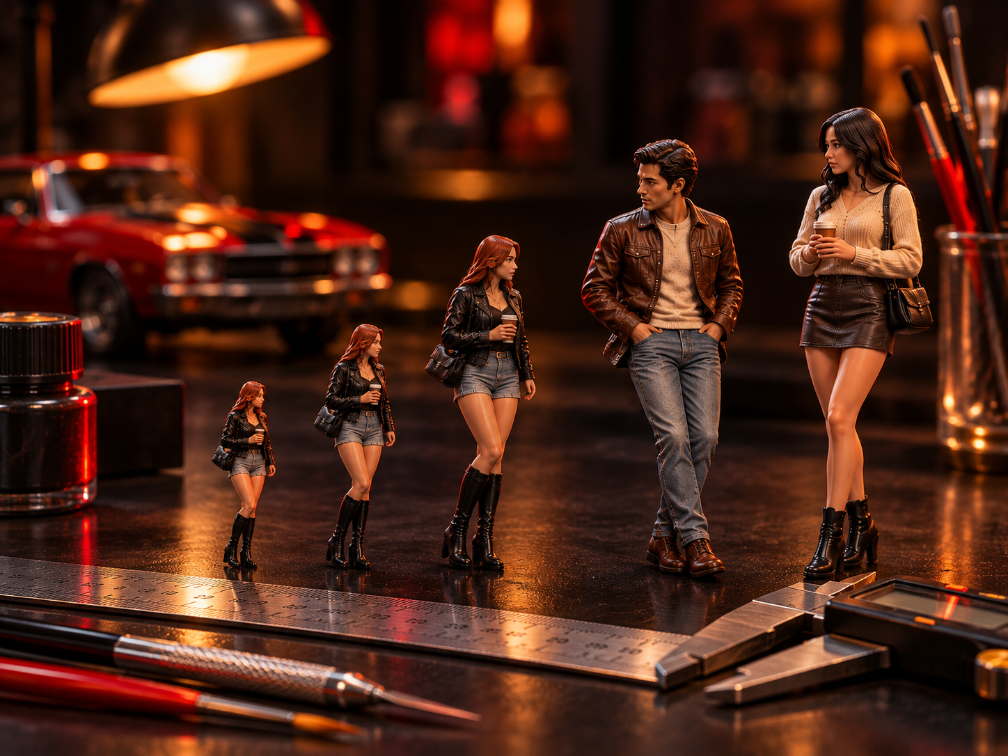 Resin civilian figures in graduated miniature scales beside precision measurement tools