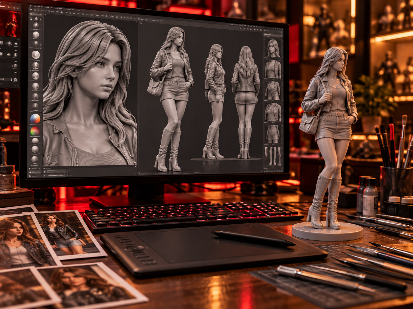 Studio photograph showing a digital sculpt and matching physical resin miniature